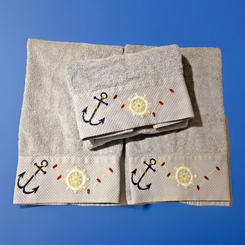 VTG Akova Nautical Hand Towels Blue 100% Cotton Embroidered Anchor Set Of 3